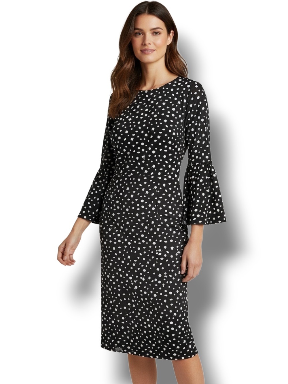 Talbots Women’s 3/4 Bell Sleeve Sheath Midi Dress Monochrome Floral Black/White